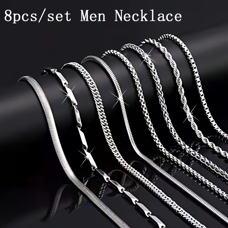 

8-piece Mens Stainless Steel Necklace Set -stylish & Durableaccessories For Casual Wear - Hypoallergenic, Ldeal Gift For