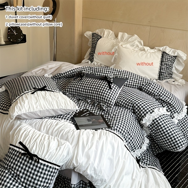 TEMU Ensemble de literie à carreaux noirs et de style français, comprenant 1 housse de couette et 2 taies d'oreiller (remplissage non ), housse de