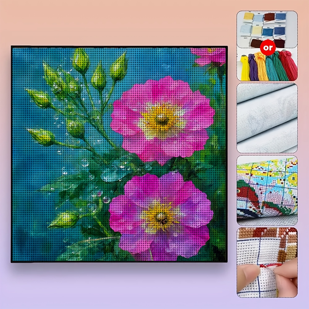 11CT Frameless DIY Cross-Stitch Kit, Pink Flower with Yellow Stamen