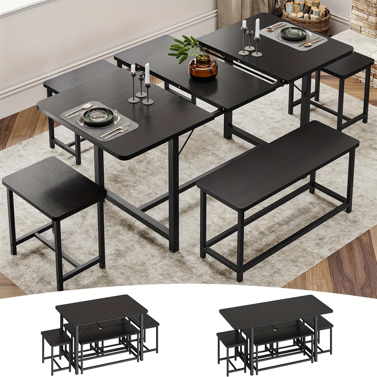 

47.3"-63" Extendable Kitchen Table For 4-6, Rustic Dining Table With Metal Frame And Wooden Board, Space Saving, Black