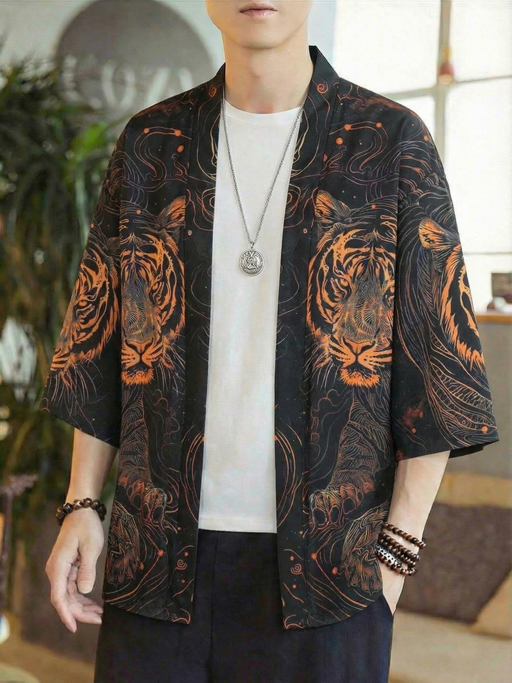 tiger collarless shirt