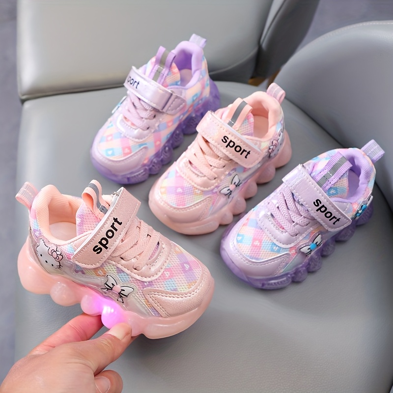 Meisjes Glow-Up Sneakers met Gratis PV-Activatie - Multicolor Nacht, Ademend Mesh & Sluiting, Schattig Roze/Paars & Hartjespatronen - Lage All-Season Hardloopschoenen voor (Pre-Tiener)