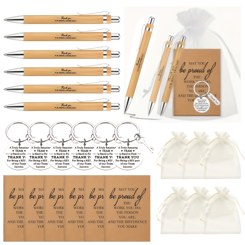 24pcs inspirational gifts suit bamboo retractable pen with keychain and gratitude notebook suitable for appreciation for thanksgiving and christmas suit 6 pens 6 keychains 6 notebooks 6 bags