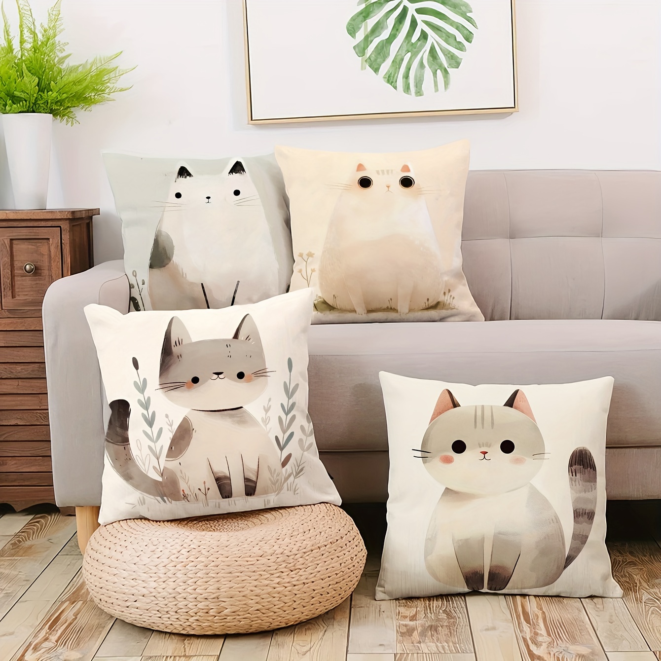 

4pcs Set Super Soft Pillowcases With Cute Cat Design - Contemporary Style, Machine Washable, Zip Closure - Sofa & Bedroom Decor, 17.7" X 17.7" And 15.7" X 15.7" Sizes