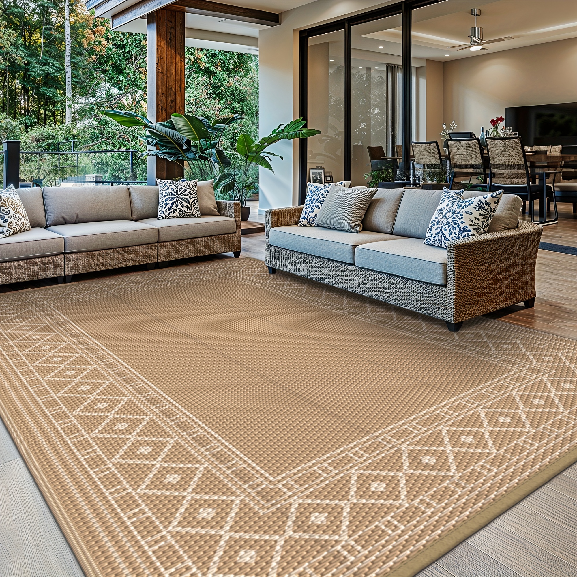 Outdoor Rug High Quality For Patio, Foldable Reversible Plastic Straw Carpet For Travel Trailers, Outside Area Mat For Rv, Deck, Picnic, Porch, , Balcony, Beach, Brown & Beige