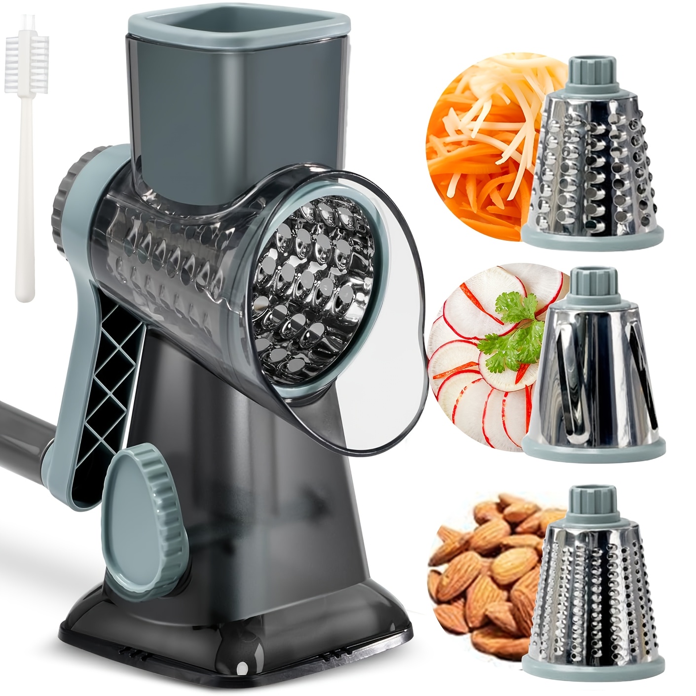 TEMU Rallador de queso giratorio con mango, cortador de verduras y triturador de queso para cocina, 3 cuchillas intercambiables para cortar queso, ,