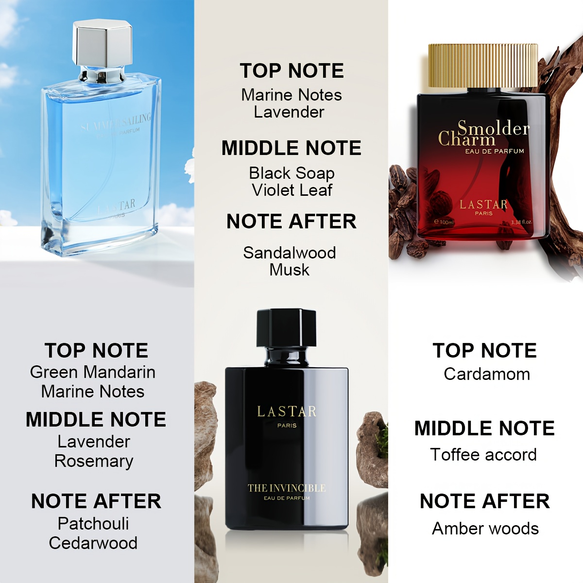 LASTAR Set parfema s feromonima, 100ml+50ml+50ml, Toffee, Amber Wood i Lavender, Violet i Rosemary, Cedarwood, Mature, Sunny and Alluring kombinacija parfema, Poklon pakiranje, Iznenađenje parfemsko poklon, Set parfema za žene, Parfemi