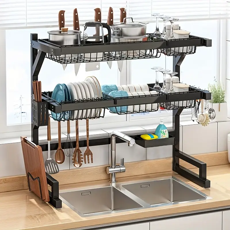 1 layer 2 layer adjustable countertop dish drying rack removable multi functional kitchen organizer with chopstick holder sponge cutting board storage space saving design for sink area dish drying rack for kitchen counter utensil holder Product details 1
