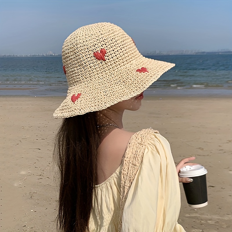 Summer Handwoven Heart Print Straw Hat, Handmade Sun Hat, Fishing Hat, Beach Vacation Hat, Foldable Wide Brimmed Straw Fisherman Hat, Women's
