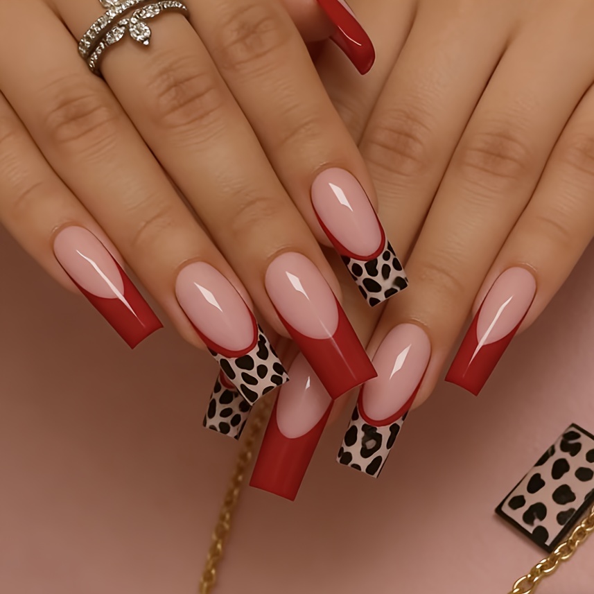TEMU 24 Pezzi Adesivi per Unghie a Forma di Tubo , Stampa Leopardata Stile Francese, Design Rettangolare Rimovibile, Finitura a , Unghie Artificiali