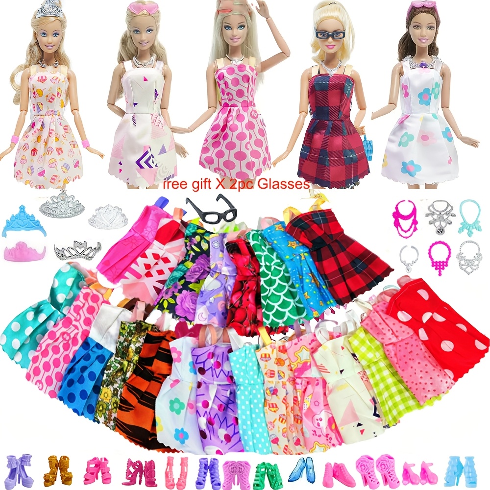 Image of 22pcs Doll Accessories, Random Style 5pcs Shoes, 5pcs Dresses, 6pcs Necklaces, 6pcs Crown, Gift-2pcs Glasses For 11.5in Doll ( Not Doll)