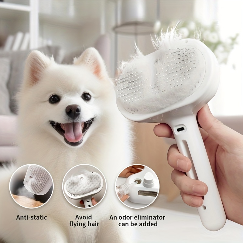 3 in 1 self cleaning steamy pet brush anti static grooming tool for long and short hair pets removes loose hair and reduces shedding usb charging stainless steel bristles plastic material by   details 0