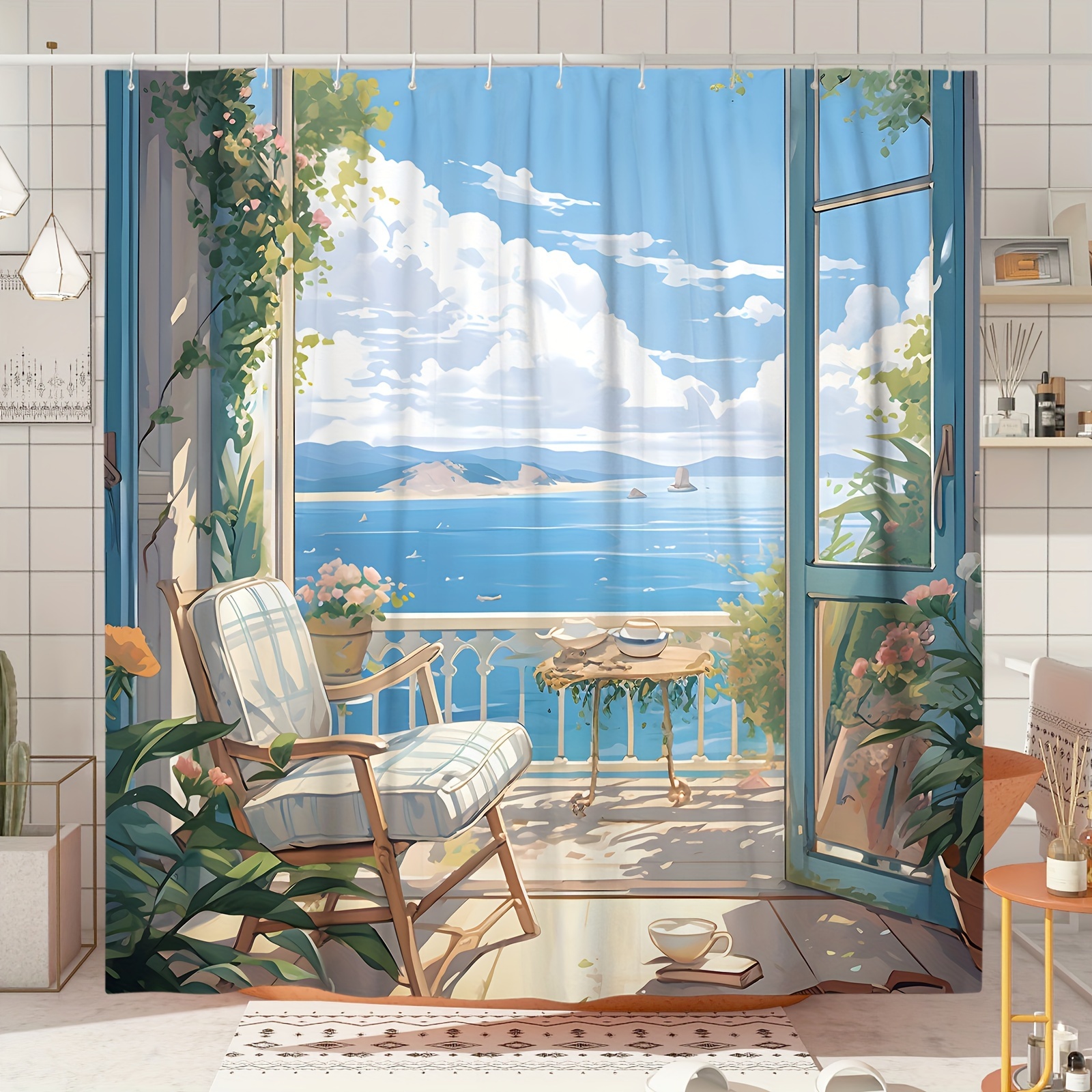 

1pc Ocean Landscape Pattern Shower Curtain, Waterproof Bathroom Partition Curtain With Hooks, Decorative Bathroom Shower Curtain, Bathroom Accessories, Home Decor