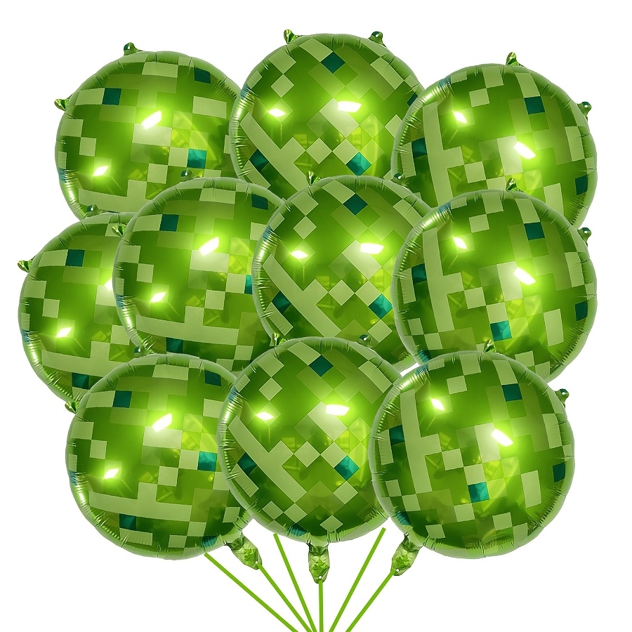 Game-themed 6/10pcs Balloon Sets, Pixel Pattern Green Foil Balloons, ' Birthday And Gaming Party Decorations For