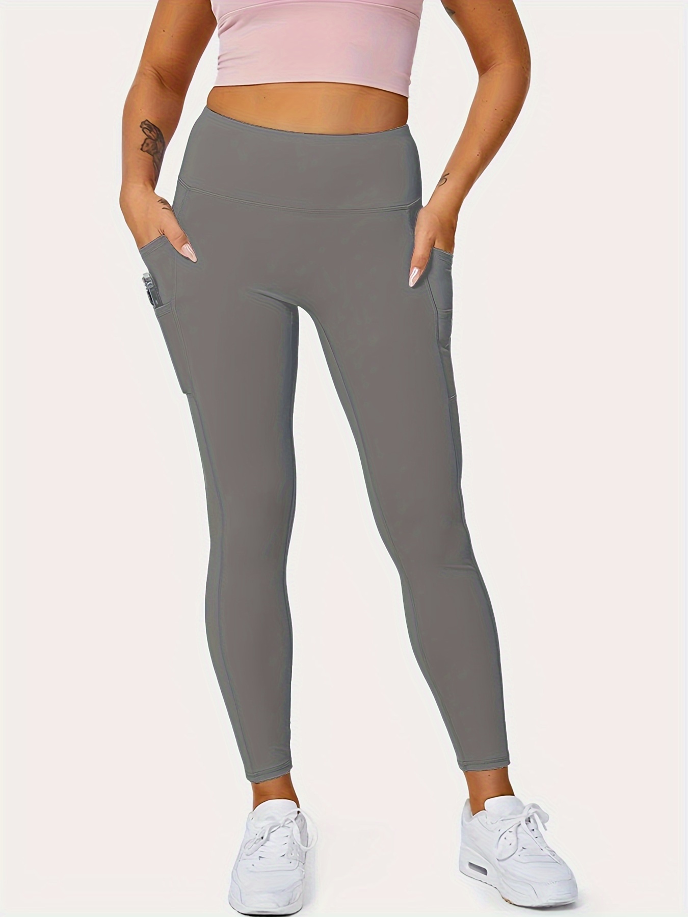 Plus Size Sports Leggings, Women's Plus Solid Pipping High Rise High Stretch Skinny Leggings With Pockets Suitable Spring/Autumn