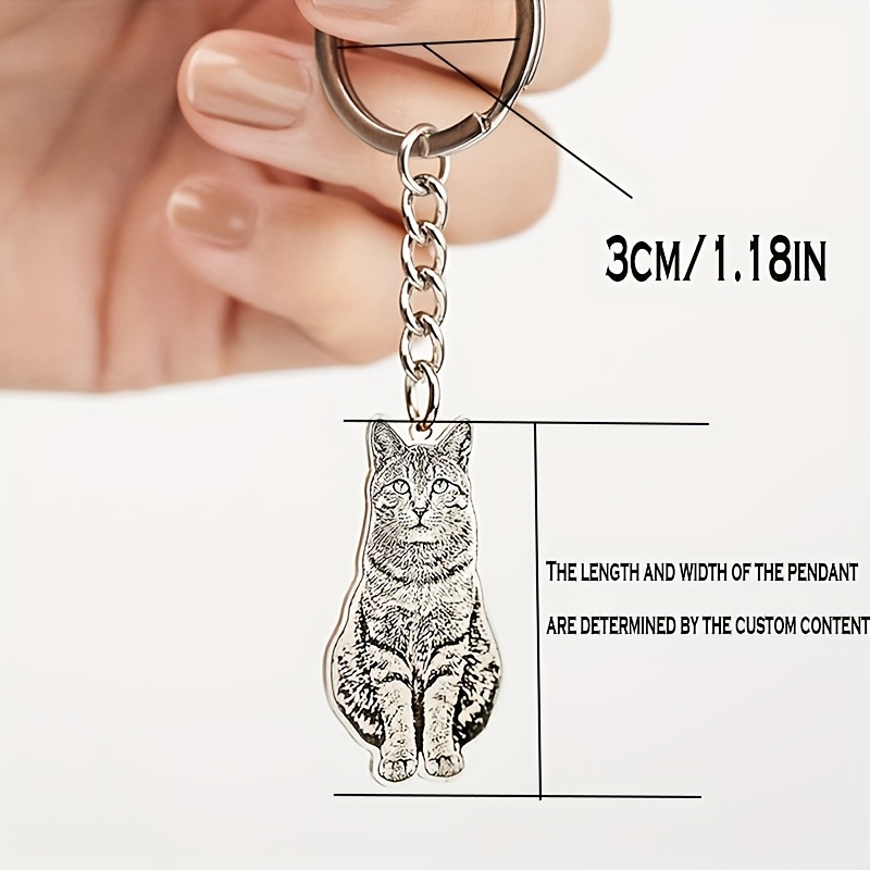 Image of Personalized Pet Photo Keychain - Carving Cat Or Dog Portrait, Stainless Steel, Rectangular - Ideal Gift For Animal Enthusiasts - No Battery Required, Includes Keyring And Bag Hanger