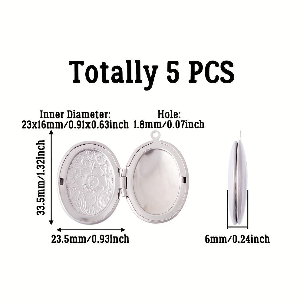 TEMU 5pcs Steel Locket Pendants, Photo Frame Charms, Oval With Sakura, Stainless , 33.5x23.5x6mm, Hole: 1.8mm, Inner Diameter: 23x16mm