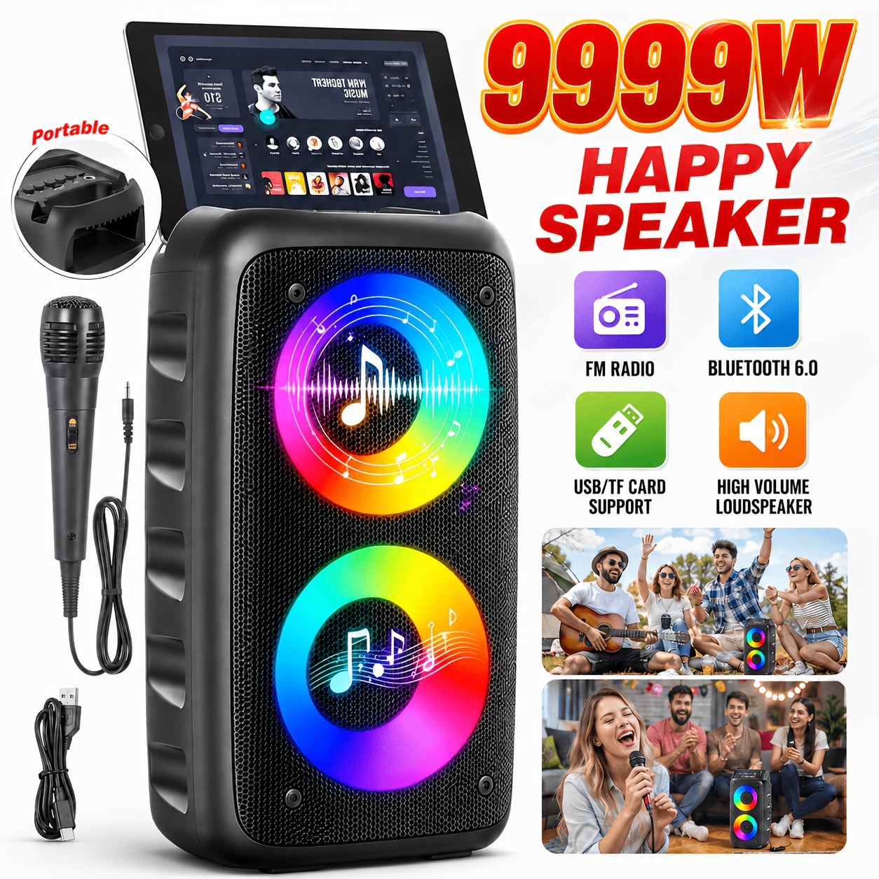 Image of 9999w Portable Wireless Wireless Speaker, Powerful Wireless 6.0 Subwoofer With Stereo , Dynamic Led Light, Multiple Of Fm, Tws, Mic, Tf, Usb, Great For Outdoor Parties And Universal Holiday Gifting Or