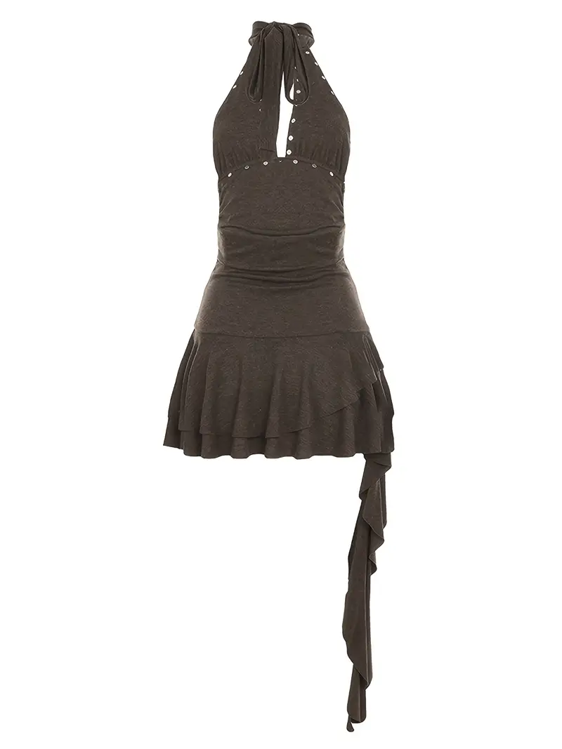 spicy ruffle ribbon layered a line dress rivet decor halter - Temu Portugal spicy ruffle ribbon layered a line dress rivet decor halter - Temu Portugal