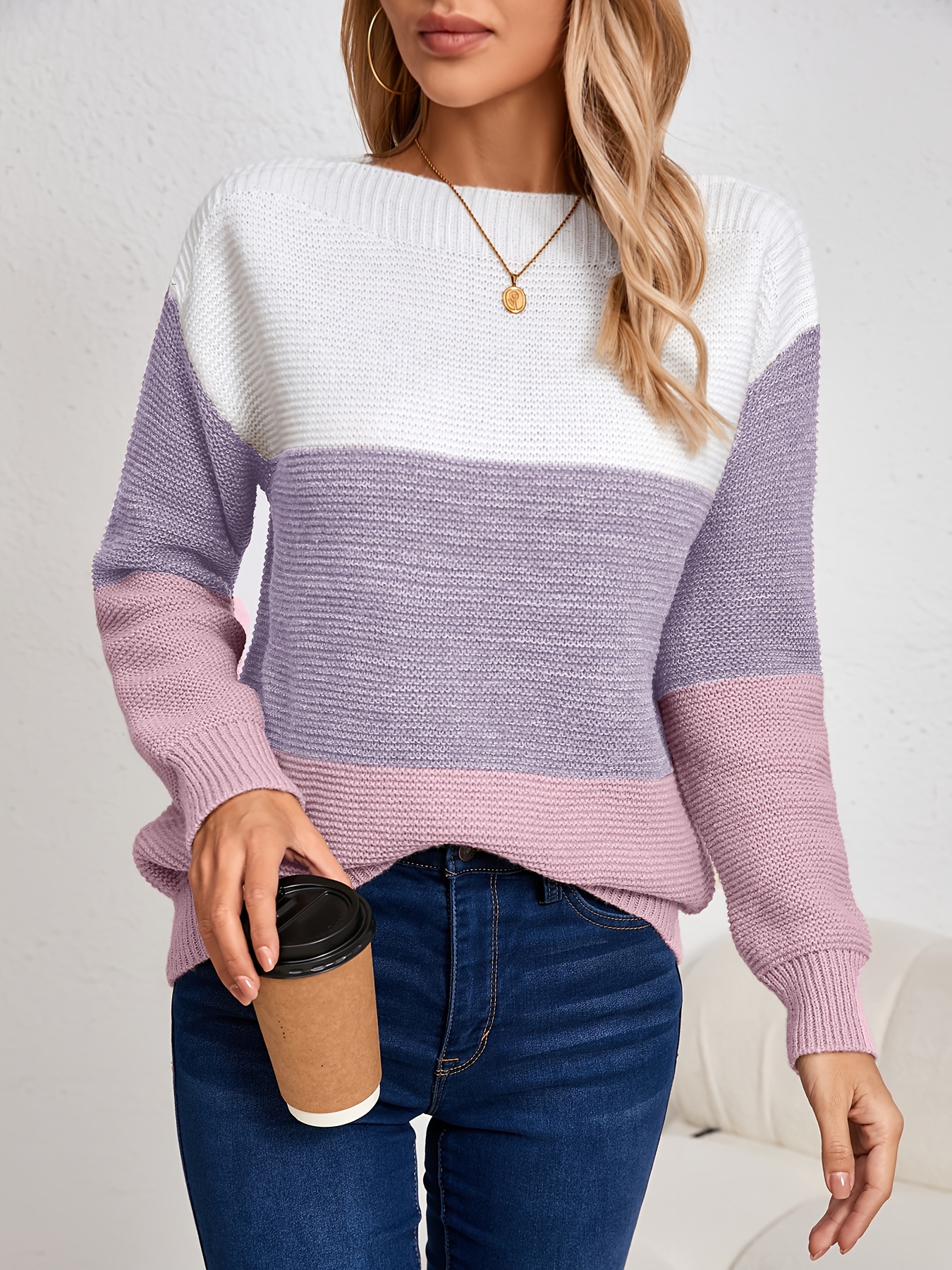 womens sweater black white gray color block pullover round neck sweater for everyday formal outfits   layering essential womens clothing sweater casual wear ribbed detailing   stylish knitwear soft texture versatile top trendy outfits light purple 1