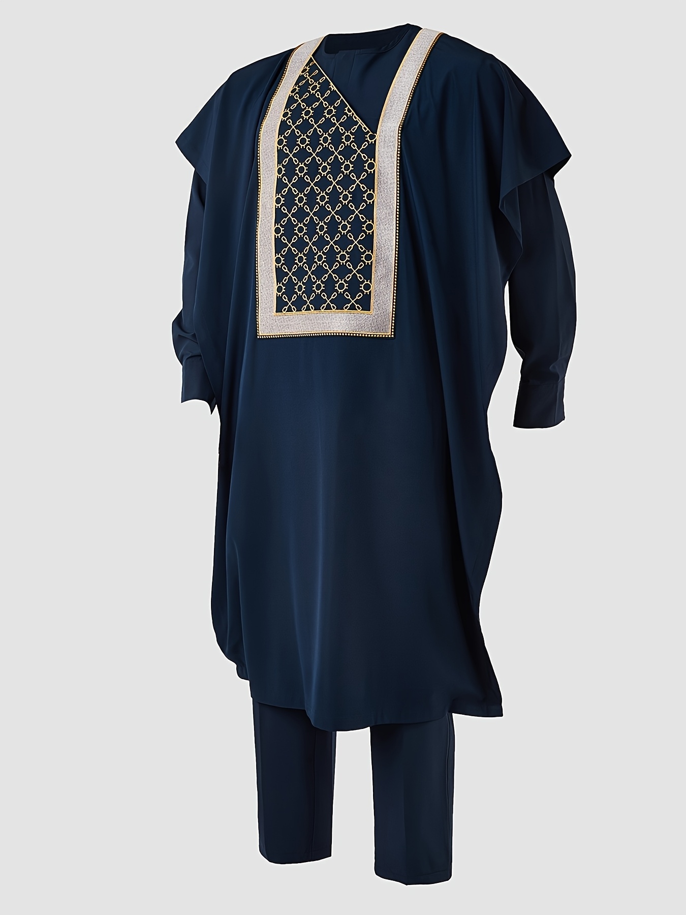 Men's Agbada 3pcs Set, Embroidered Pattern, Crew Neck, Hidden Buttons, Slit Hem with Pockets, Ethnic Pattern Robe, Long-Sleeve Shirt, Drawstring Elastic Waist Pants, Suitable for Banquets, Birthdays, Gatherings, Weddings, Holiday Celebrations, Dates