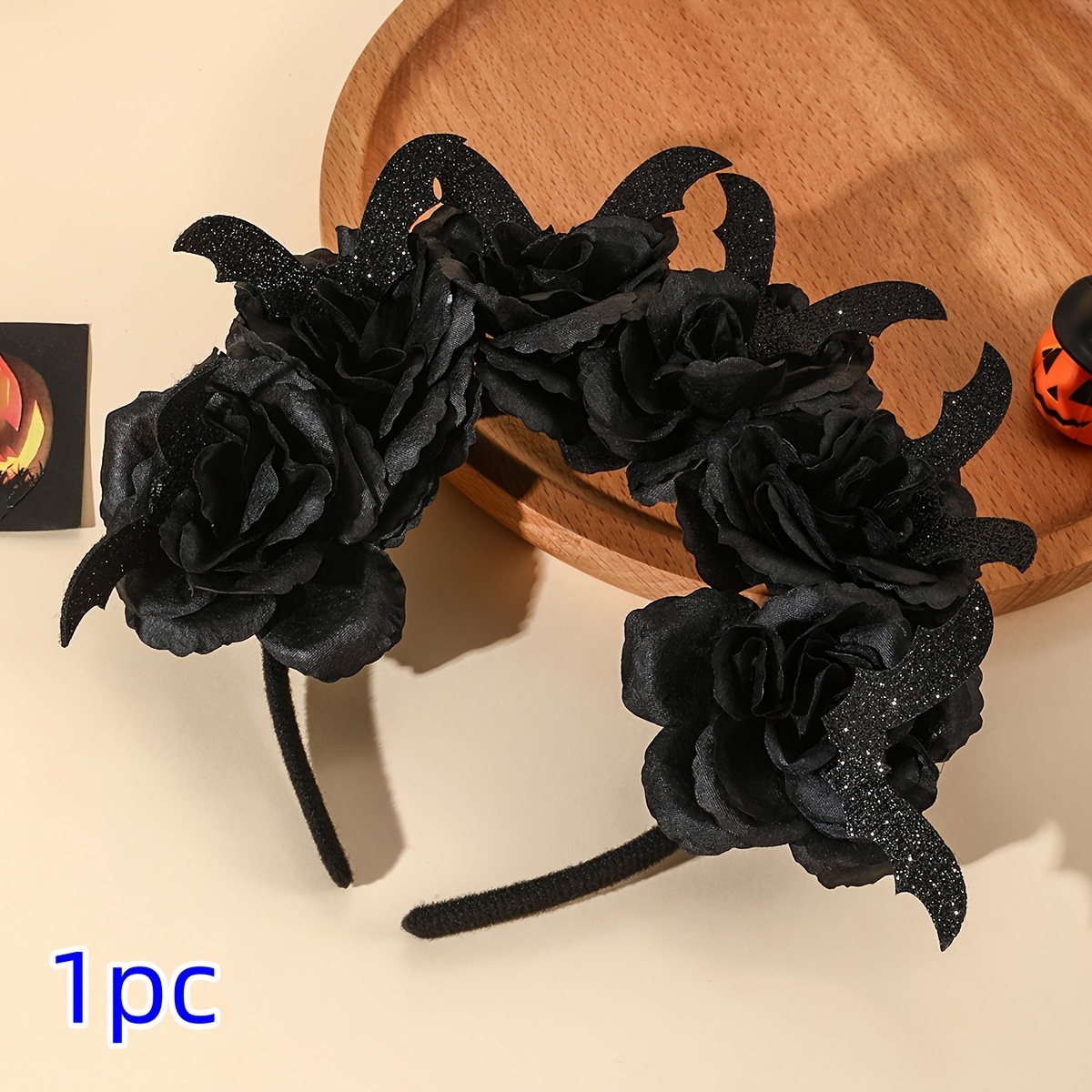 1pc, Halloween Women's Rose Headband Flower Hair Accessory, Featuring Black Rose And Bat Elements, Festive Party Hair Decoration