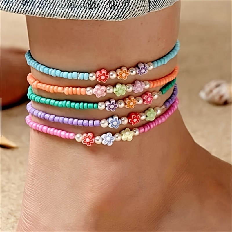 

5pc Colorful Mini Seed Beads Beaded Anklet Set With Mini Flower Beads Elegant Stackable Ankle Bracelet Foot Accessory