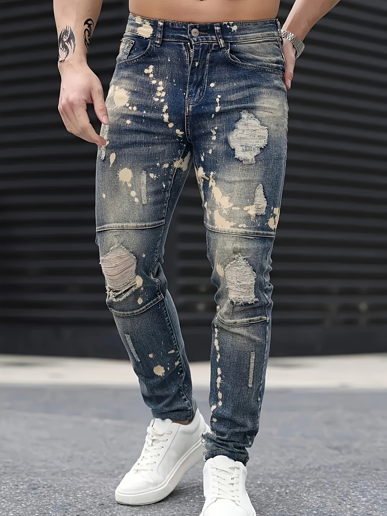 Men's Blue-gray Hand-painted Graffiti Elastic Ripped Slim-fit Jeans mens jeans
