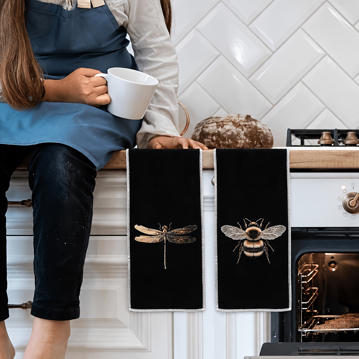 TEMU Set Of Two, Dragonfly And Bee Kitchen Towels, Hand Towels, Scouring Pads, Cleaning Cloths, Dark Academia Style Bathroom Hand Towels, Decorative