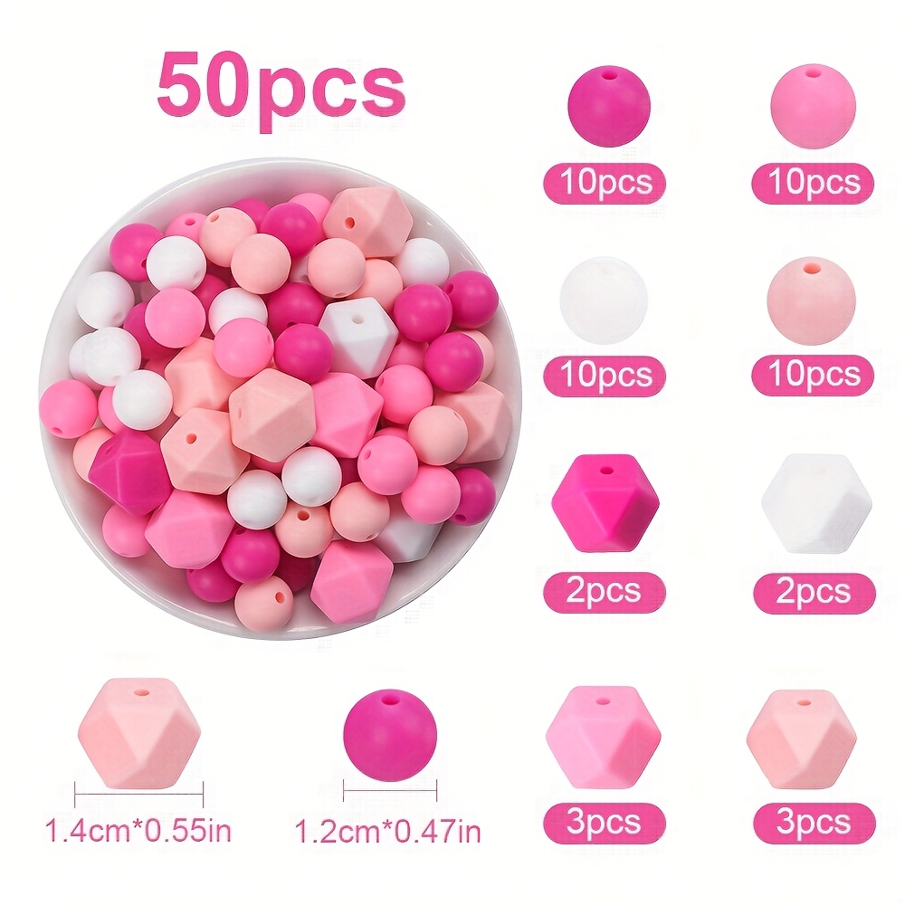 E-shop 50 Stück Silikonperlen, 12/14 mm Runde Sechseckige Lose Perlen Schmuckherstellung, Halskette, Schlüsselanhänger, Armband, Perlenstifte,