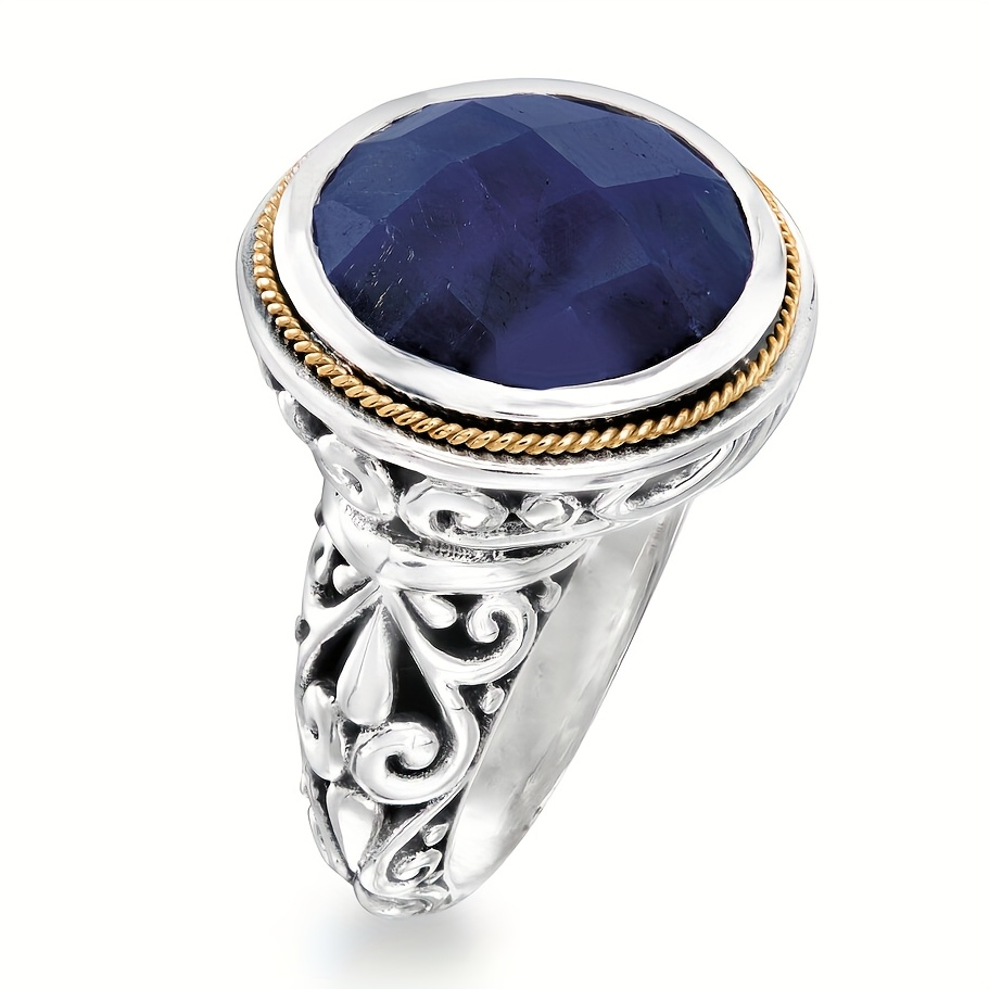 TEMU An Elegant And Luxurious Engagement Ring In The , Featuring A Vintage Design With Inlaid Synthetic Sapphire. It Represents And Beauty, Making It