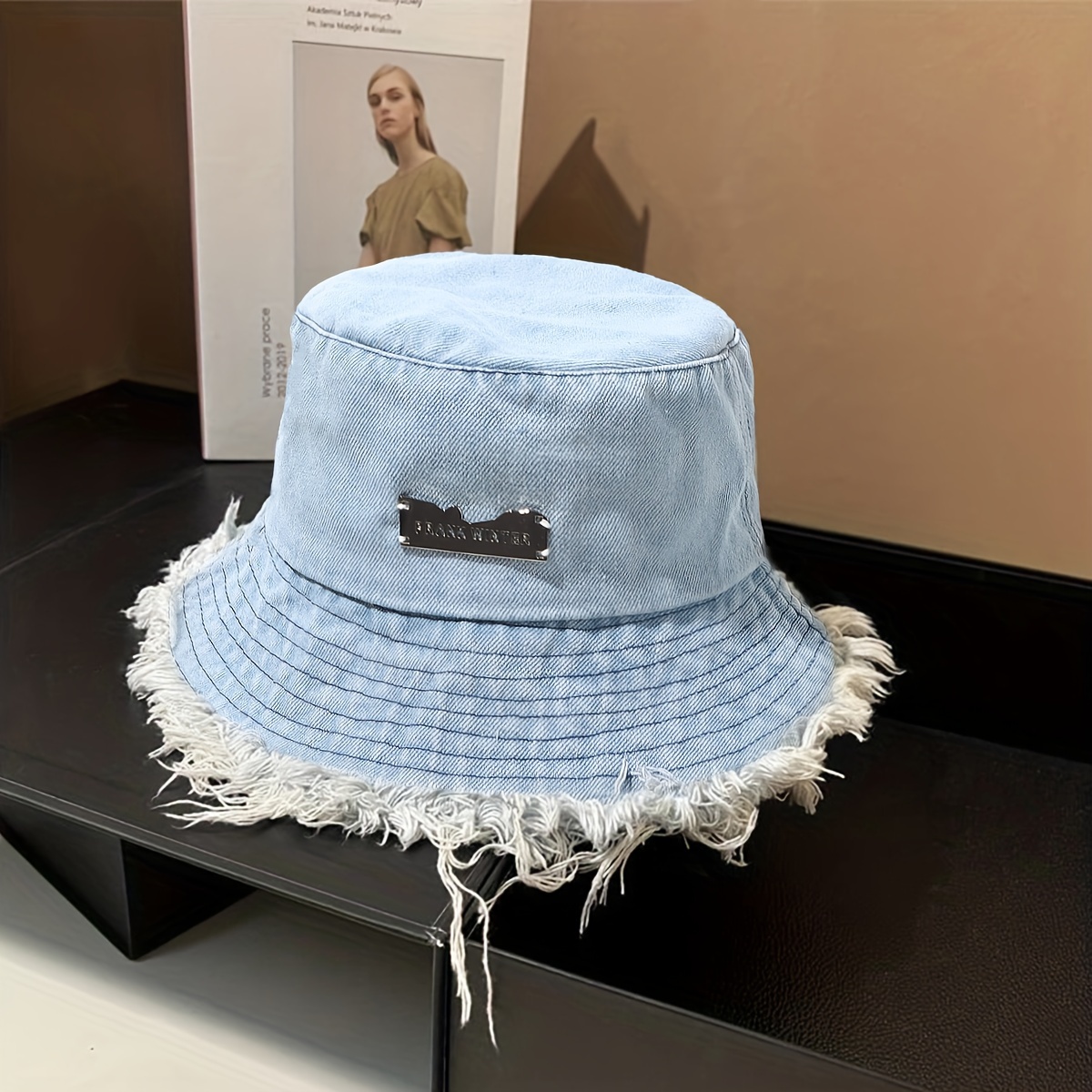 Stylish Ripped Washed Bucket Hat Unisex Tassel Denim Basin Hat Iron Label  Decor Foldable Fisherman Cap For Women Men