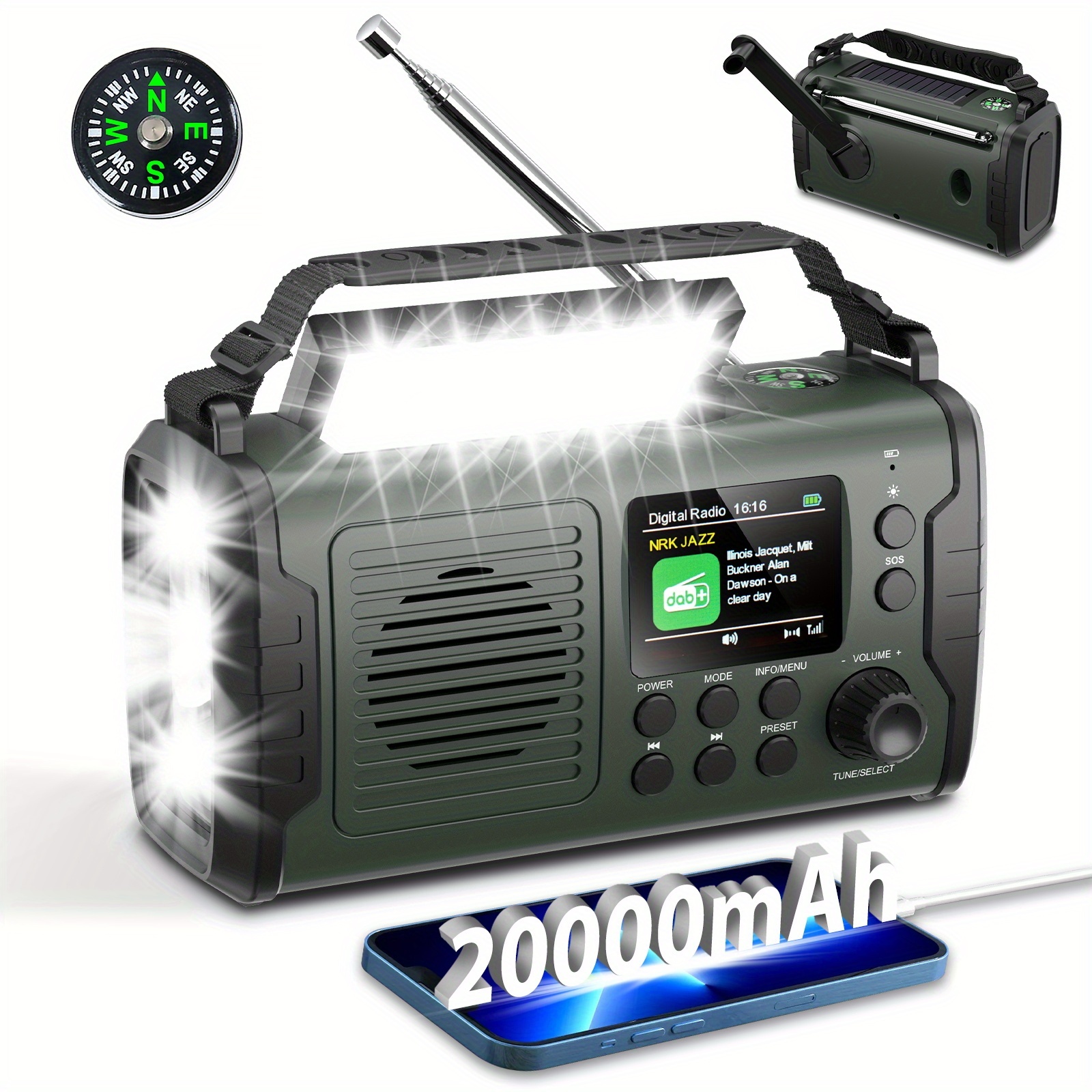 20000mah Hand Crank Emergency Weather Radio With Wireless Wireless 5.3, Mobile Phone Charging, Dab+/fm Radio With Tf Card, Aux In, Tft Screen, Alarm Function, Compass Sos For Camping Outdoor