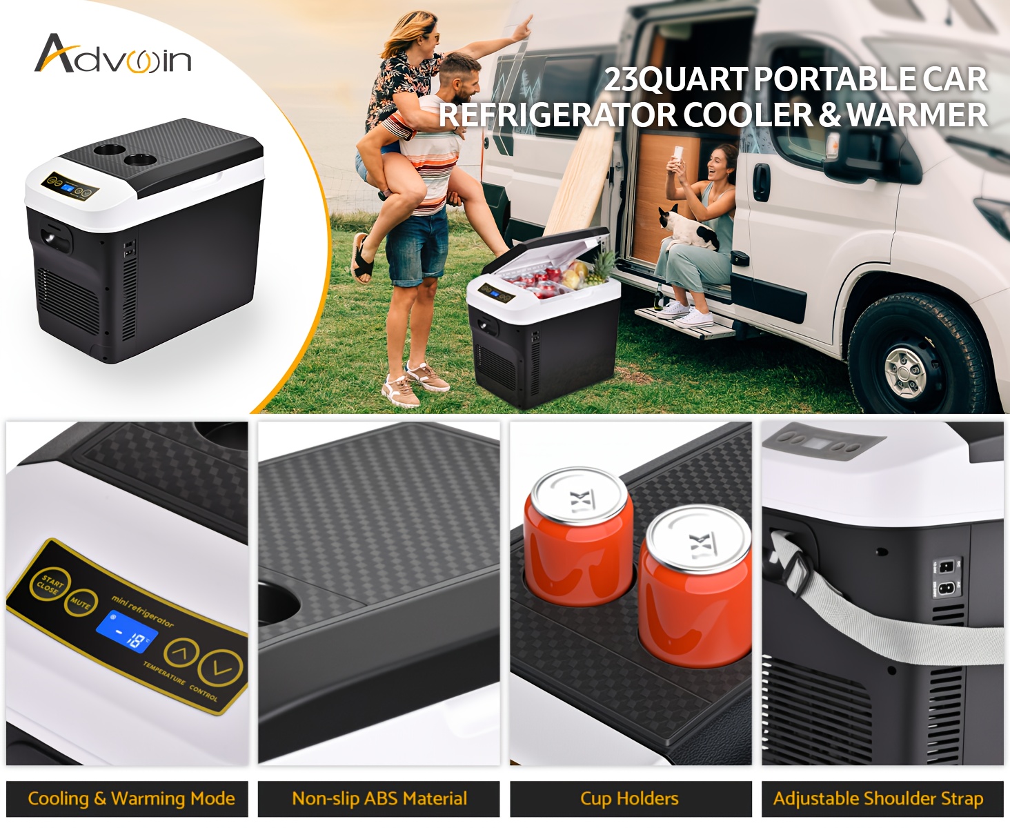 ADVWIN 12V Car Refrigerator Cooler And Warmer 23 Quart/31 Quart Portable Electric Car Cooler with 12/24 Volt DC And 120V AC, Plug in Thermoelectric Fridge for Camping, RV, Fishing