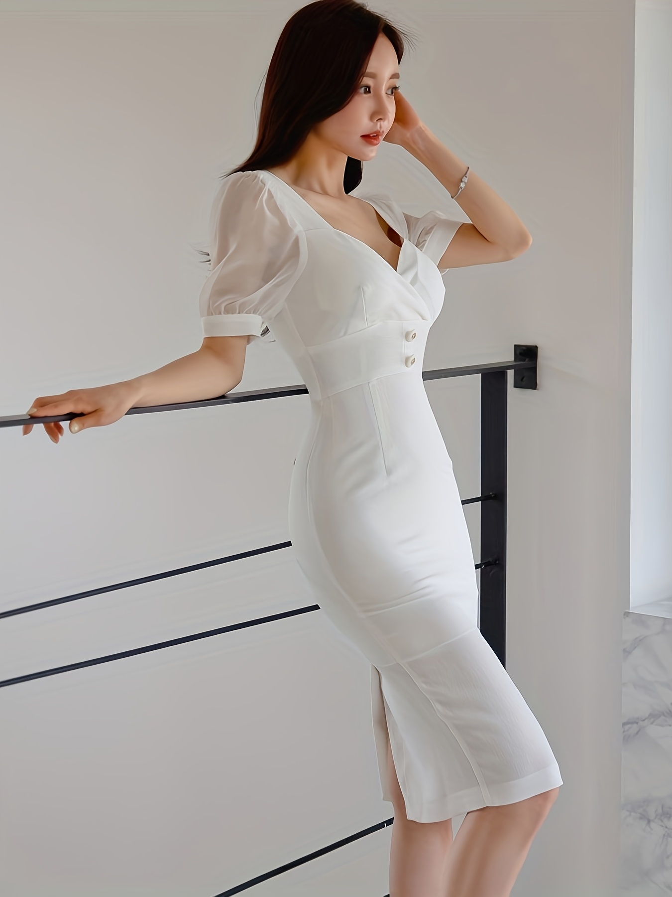 green emerald velvet dress Korean Fashion Open Shoulder Long Sleeve Side Slit Bodycon Dress (Blac –  The Kawaii Factory main image 0