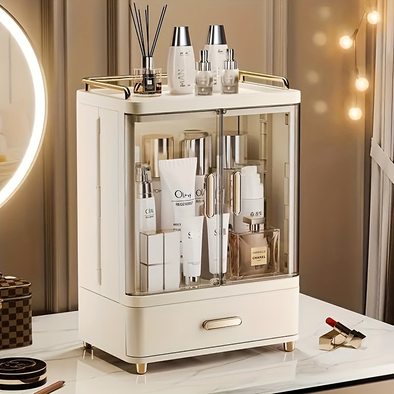 2 3 layer cosmetic storage organizer with golden plated handles top shelf   durable plastic freestanding bathroom bedroom storage box polished   no power needed bathroom organizers and storage Product details 2