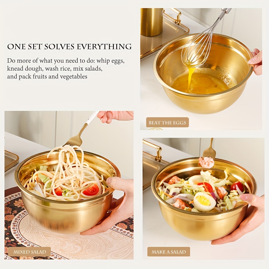 3pcs 14pcs stainless steel golden mixing bowl set with lid white black khaki christmas serving golden mixing bowl stainless steel golden mixing bowl set very suitable for baking preparation cooking and serving food nesting metal golden mixing bowl   dishwasher safe capacity 500ml 1000ml 1400ml 1850ml 2350ml 3200ml 4000ml christmas golden mixing bowl details 3