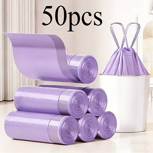 1roll 50pcs pink purple drawstring trash bags 13 gallon heavy duty leak tear resistant thickened plastic bin liners for kitchen
