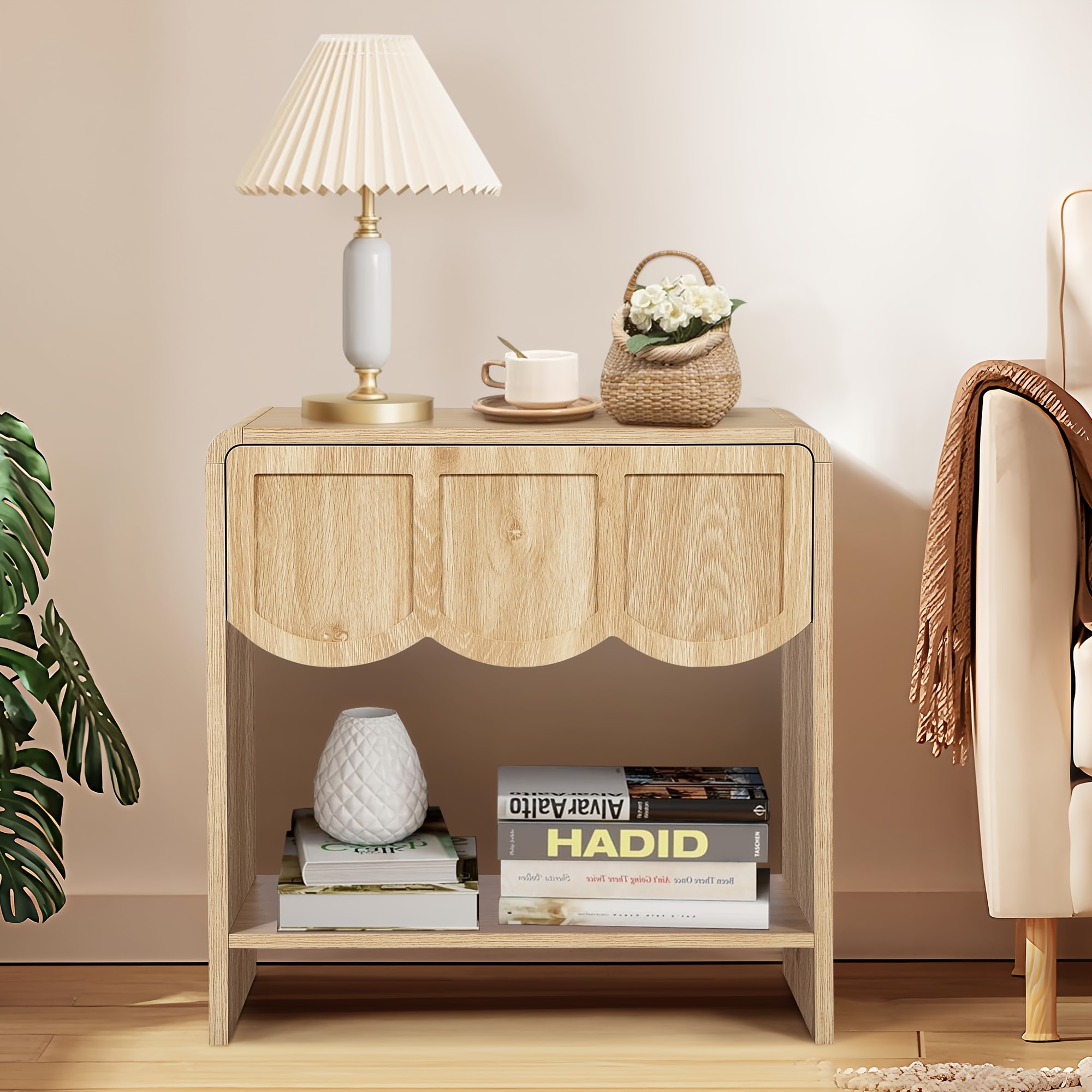 Image of Set Of 2 Compact Nightstands, Mid-century Modern Wooden Bedside Tables With Wave Pattern Drawers, Ideal For Small Spaces And Living Rooms