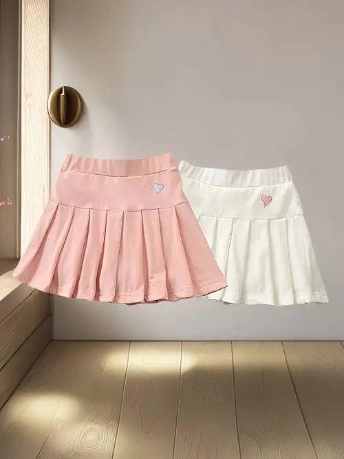 2pcs girls casual skirt shorts with safety elastic waistband machine washable solid color skirt shorts for toddlers kids breathable summer outfit