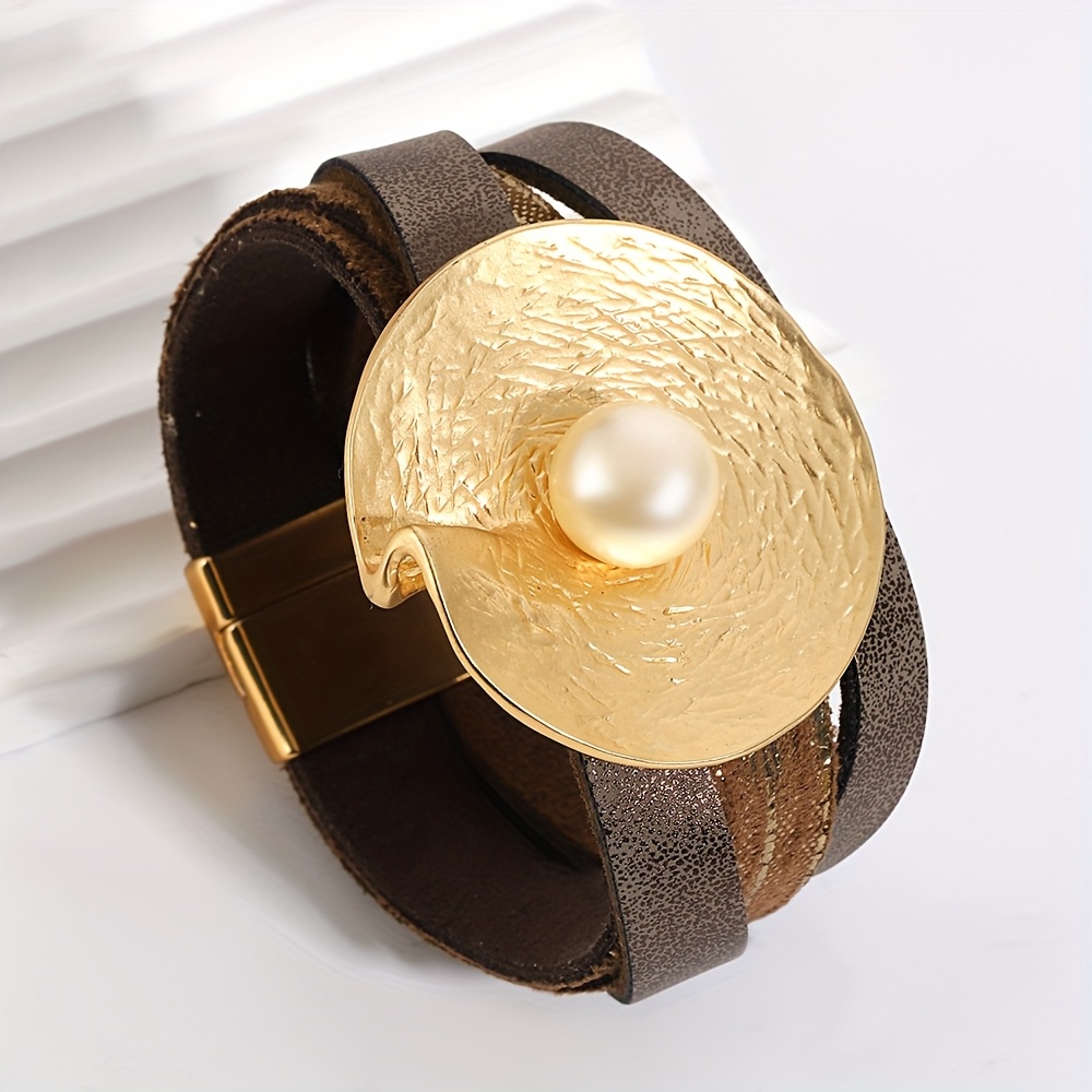 TEMU Pulsera tipo brazalete ancha de PU para mujer y hombre, joyería estilo bohemio boho, de dije grande de metal arrugado, pulsera tipo brazalete