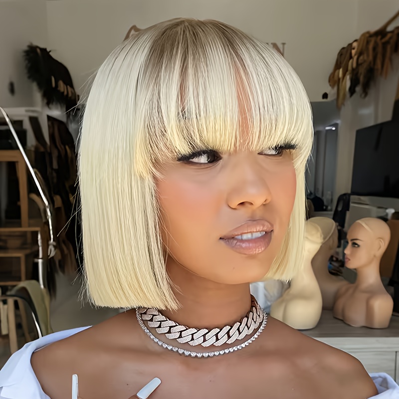 Image of Human Hair Short Straight Bob Wig With Bangs, Brazilian, 613 Machine Made Wig, Glueless Wig, 180% Density, Bob Wig With Bangs, , Suitable For Women