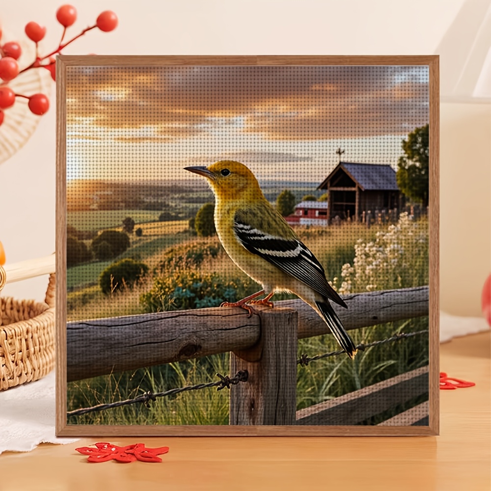 Cross Stitch Kit, Yellow Bird on Fence at Sunset