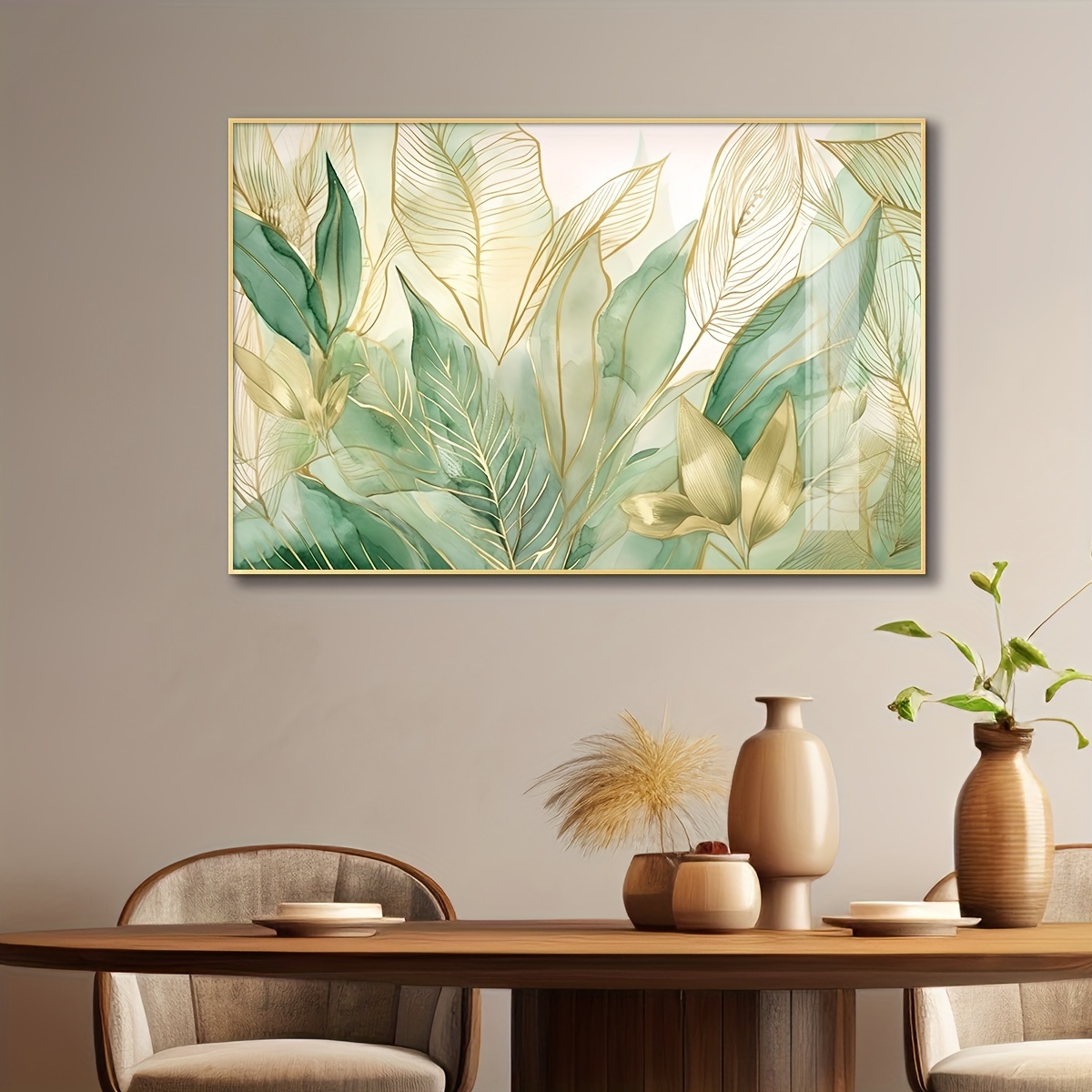 TEMU Nordic Light Luxury Golden Lines Leaves Canvas Wall Art, 1pc Large Framed Plant Leaf Print, Modern Decor For Living Room, Office, Hotel, Cafe, Bar - Major Material: Canvas