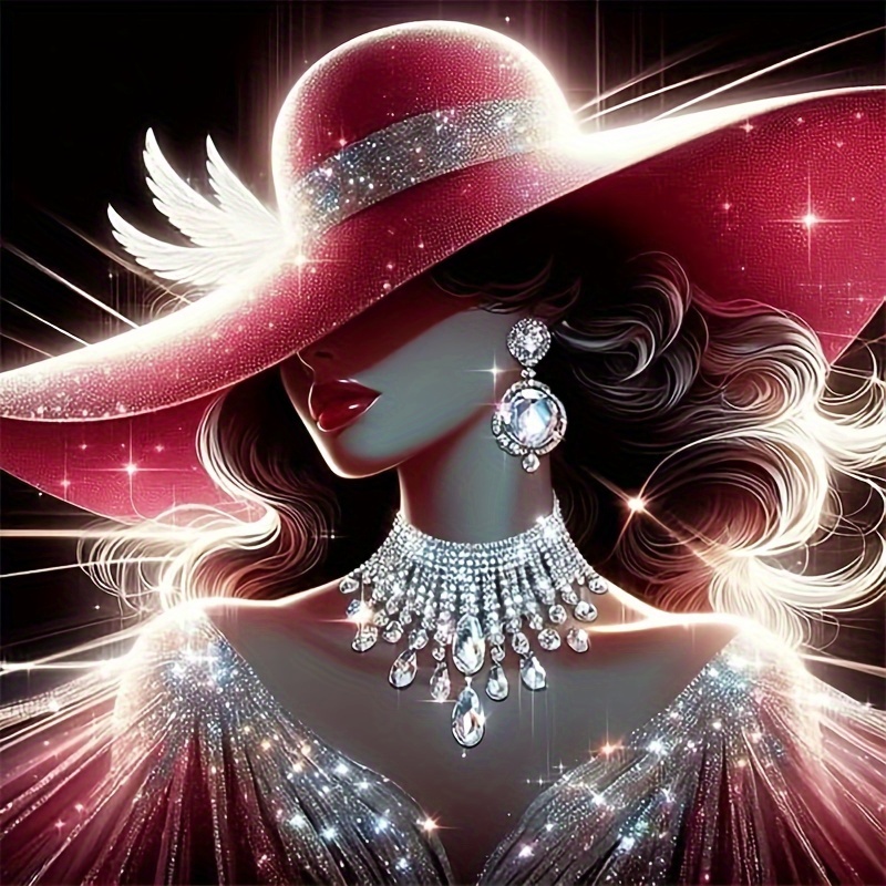 

Elegant Diy 5d Diamond Painting Kit - Red Hat Woman With Sparkling Jewelry, 15.75x15.75 Inches Stitch Mosaic Art, Ideal For Beginners, Wall Decor, Gift, Diamond Art