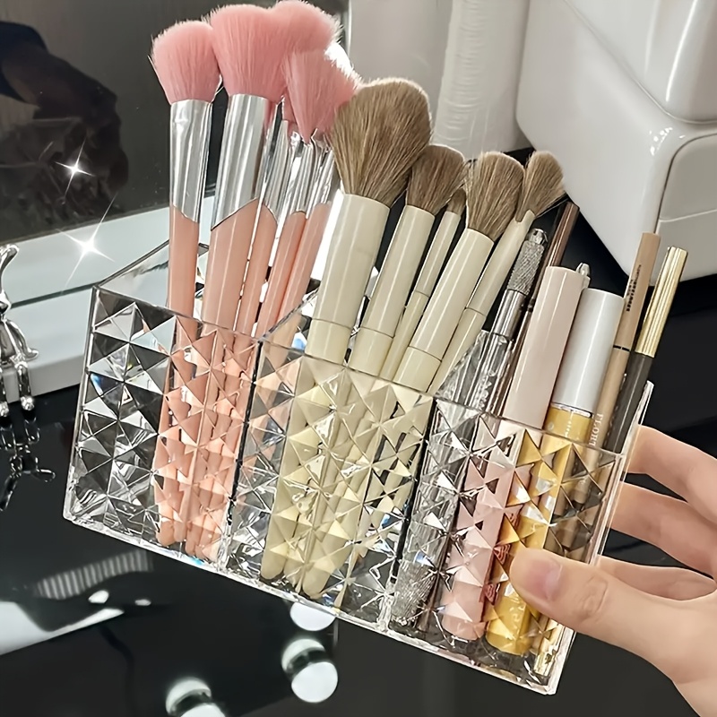 

Porte-pinceaux de maquillage en acrylique, organiseur de cosmétiques à 3 compartiments, présentoir autoportant, léger, en plastique transparent, électricité pour la décoration de la de de bain.