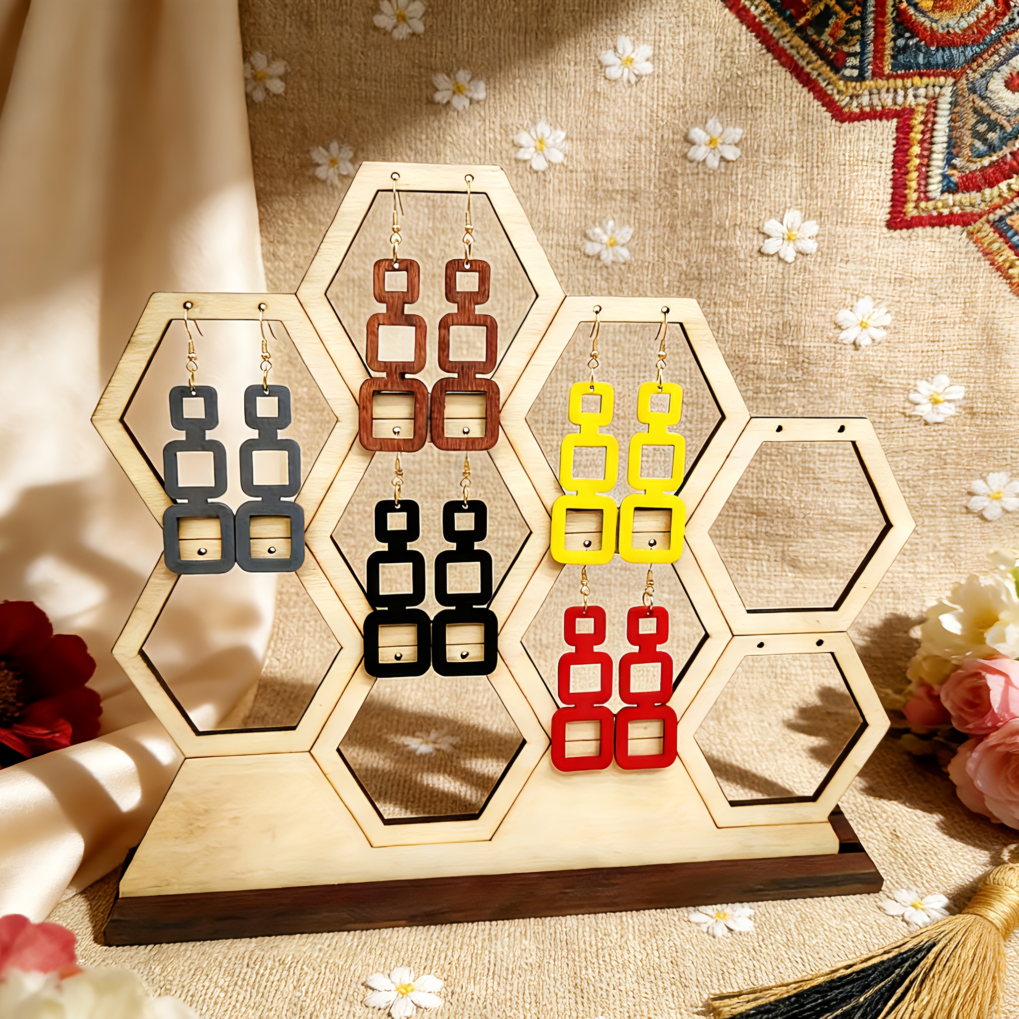 TEMU Ensemble de 5 boucles d'oreilles pendantes en bois géométriques carrées empilées de style bohème - Boucles d'oreilles pendantes creuses légères