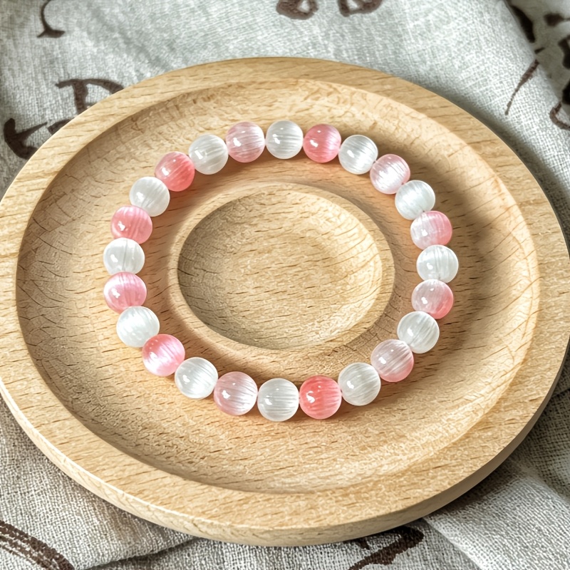 Dreamy Pink-Toned Cat's Eye Stone Beaded Bracelet, Unique Accessory