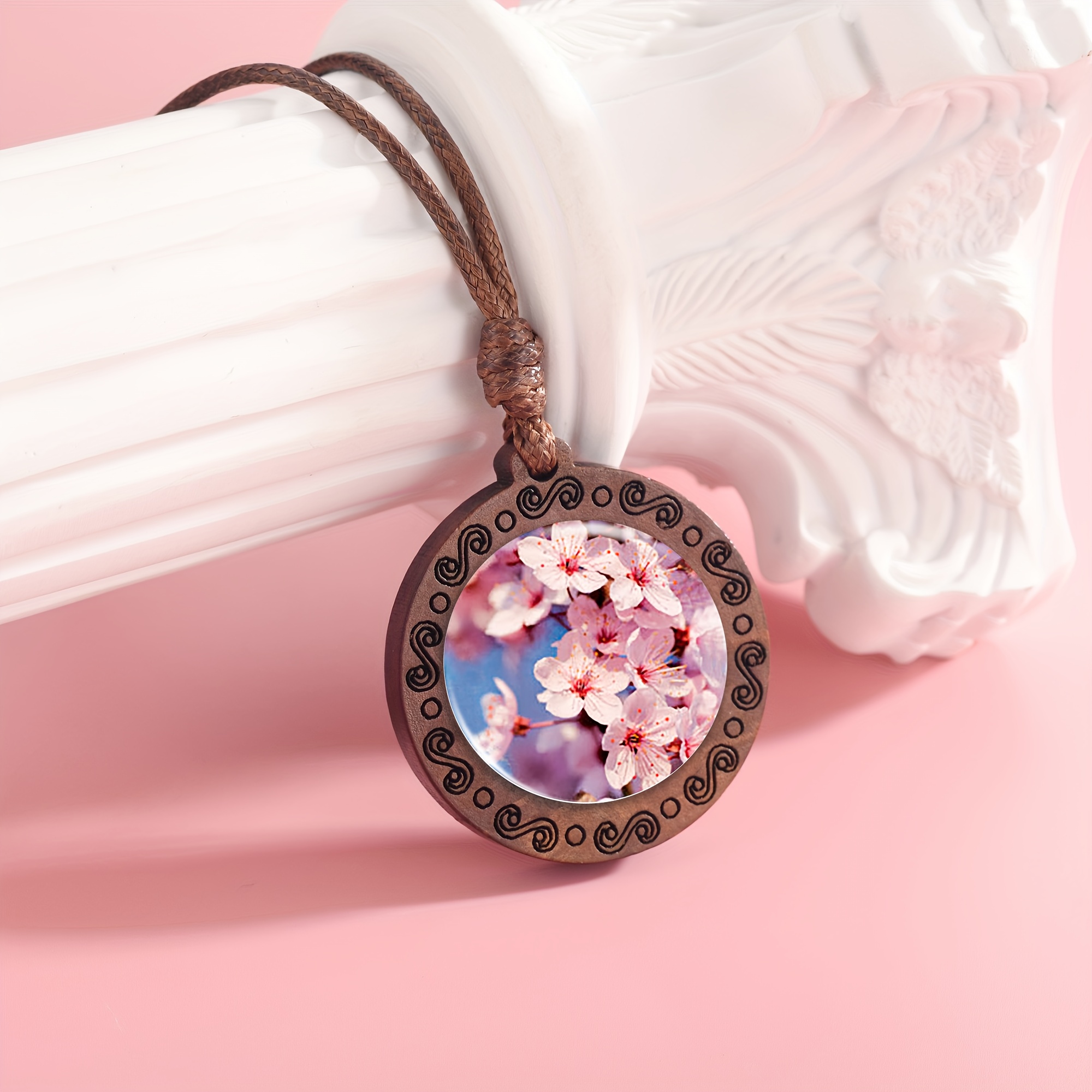 Handcrafted Wooden Necklace Pendant, Spring Cherry Blossom Design