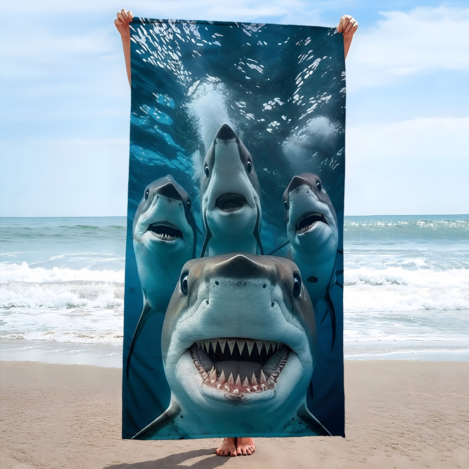 

Extra Large Shark Print Microfiber Beach Towel - Super Absorbent, Quick-dry Mat For Travel, Pool, Surfing & Camping